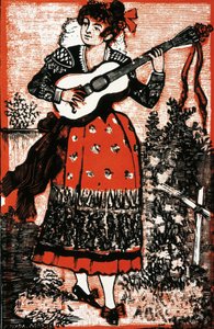 Obal zpěvníku představující Mexičanku s kytarou. Rytina Jose Guadalupe POSADA (1852-1913). Rytina od José Guadalupe Posada