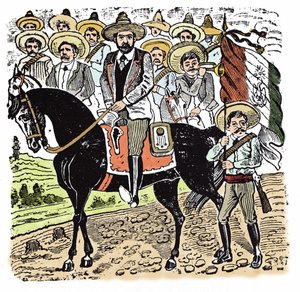 Mexická revoluce (1910-1920): Portrét Francisca Indalecia Madera (1873-1913) mexického revolucionáře. Xylografie od Jose Guadalupe Inn (1852-1913).