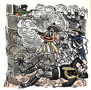 Mexická revoluce (1910-1920): útok na dům Aquiles Serdan (1876-1910). Xylografie od Jose Guadalupe Posada (1852-1913).