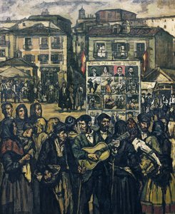 GUTIERREZ SOLANA, José (1886-1945). El cartel del crimen (El musico ciego) - zločinecký kartel (slepý hudebník). cca 1920. (78 x 64 cm). Olej na plátně. Soukromá sbírka