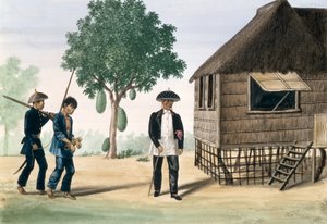 Vězeň vedený policistou a radním z „The Flebus Album of Views In and Around Manila“, kolem roku 1845