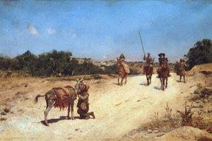 Setkání Sancha Panzy a jeho osla Rucia, Ilustrace Dona Quijota, kolem roku 1878 (olej na plátně) od Jose Moreno Carbonero