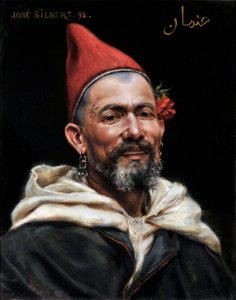Hlava Maroka Portrét muže s propíchnutýma ušima a červeným kloboukem, s květinou v uchu a tetováním na chrámu 1892 (malba) od Jose Silbert