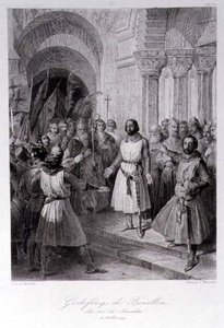 Godfrey z Bouillonu (asi 1060-1100) Zvolen králem Jeruzaléma, vyryl Leopold Massard (1812-89) (rytina) od Jose de (after) Madrazo y Garreta