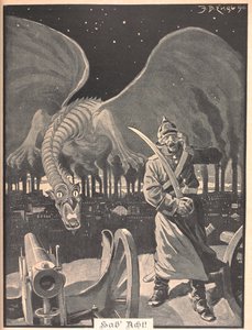 Kresba k básni „Jako noc“. Drak produkovaný kouřem z továren za německým vojákem. Surrealistická scéna. od Josef Benedikt engl