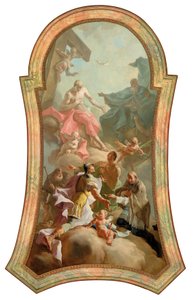Nejsvětější Trojice se svatými Rochem, Floriánem, Sebastianem a Janem Nepomuckým od Josef Ignaz Mildorfer
