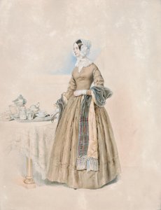 Portrét princezny Leopoldiny Karoliny Palffyové, rozené hraběnky Kaunitz-Rietbergové (manželky třetího prince Antona Karla Palffyho), stojící u prostřeného čajového stolu