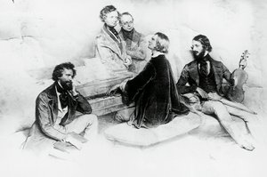 Matiné u Liszta doma, zleva doprava, Kriehuber, skladatel Hector Berlioz (1803-1869), Carl Czerny (1791-1857) Lisztův učitel, Franz Liszt (1811-1866) a houslista Heinrich Wilhelm-Liszt, 5840-1811 Josef Kriehuber (1800-1876)