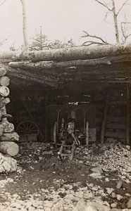 Album "Meine weltkriegs - Erinnerungen Jihozápadní fronta (Korutany, Itálie, Jižní Tyrolsko) (Moje světová válka - vzpomínky na jihozápadní frontu v Korutanech, Itálie, Trentino-Alto Adige) 31/03/1915-12/11/ 1918 - Josef Zohles Wien ": chatrč s dělem (čb od Josef Zohles