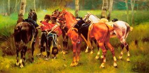 ""Skupina husarů a koní v lese"" Obraz od Josepa Cusachse i Cusachse (1851-1908). 1905. od Josep Cusachs y Cusachs