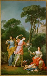 Junge griechische Mädchen schmücken den schlafenden Amor mit Girlanden von Joseph-Marie the Elder Vien