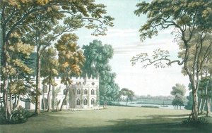 Dům, zahrady a jezero na Strawberry Hill, vyryl J.C. Stadler (fl.1780-1812), vydal v roce 1793 (barevná rytina) od Joseph (after) Farington