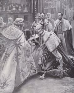 Král Edward VII složil přísahu při své korunovaci, Westminster Abbey, Londýn od Joseph (after) Finnemore
