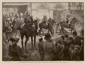 Příjezd příslušníků Čestné stráže do nových kasáren v Hyde Parku v Londýně (rytina) od Joseph (after) Finnemore