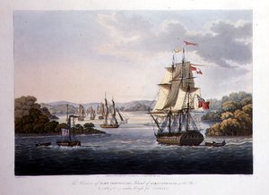Přístav Port Cornwallis. Island of Great Andaman, with the Fleet Geting under Weigh for Rangún, rytina G. Hunt, pub. od Kingsbury & Co., Londýn od Joseph (after) Moore
