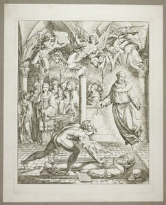 Zápas ďábla a svatého Františka z Assisi o duši Guida da Montefeltro, třetí deska z Danteho Hölle. od Joseph Anton Koch