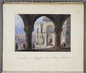 Kostel a náměstí Piazza San Marc v Benátkách, vloženo do Thomas Moodys Journal z turné po Švýcarsku a Itálii, 1822 (wc na papíře)