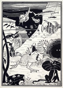 Z hospody The Surprising Adventures of Baron Munchausen byla celá řada vysokých ušlechtilých stromů, naložených mořským ovocem, jako jsou humři, krabi, ústřice. 1895 (rytina) od Joseph Benwell Clark