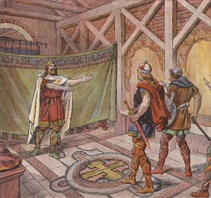 Chlothar I. vidí nohy vrahů, kterým jeho bratr Theuderic (barva litho) nařídil zabít ho