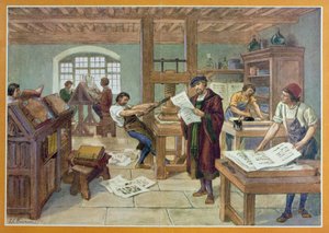 Gutenbergův vynález pohyblivého písma, ilustrace z „První knihy francouzské historie“ od A. Aymarda, nakladatelství Hachette