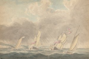 Two Sloops of War, One Barque and One Schooner (?), Sterns Forward, in Heavy Seas; Několik plachetnic v pozadí od Joseph Cartwright