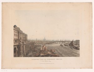 Pohled na Somerset House a Temži z jihu Jižní pohled na Somerset House, z mostu Waterloo (název na objektu)
