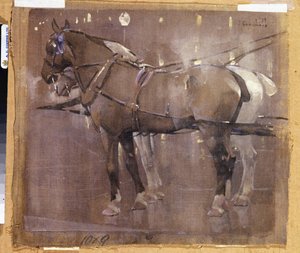 Cab Horses by Gaslight (akvarel a tělová barva na plátně) od Joseph Crawhall