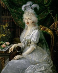 Německy: Marie Luisa (Ludovica) Neapolsko-Sicilská (1773-1802), manželka Ferdinanda III. Toskánského, sedící u stolu, portrét v délce po kolena Luisa Maria Amelia Teresa Neapolsko-Sicilská, princezna Neapolsko-Sicilská (1773-1802), velkovévodkyně vévodkyně od Joseph Dorffmeister