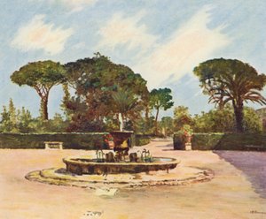 Řím: Villa Medici, Bazén a zahrada (barevná litografie) od Joseph Felix Bouchor