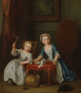 Dvě děti z rodiny Nollekensových, pravděpodobně Jacobus a Maria Sophia, hrající si s vrškem a hracími kartami, 1745