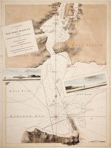Mapa newyorského přístavu se sondami, pohledy na pevninské značky a námořní směry pro potřeby lodivodů. Sestaveno na základě průzkumů a pozorování poručíků Johna Knighta Johna Huntera z námořnictva a dalších. od Joseph Frederick Wallet DesBarres