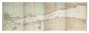 Mapa řeky Svatého Vavřince, pobřeží Atlantiku v Severní Americe, asi 1781 (kolorovaná rytina)