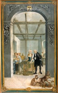 Indická továrna bratří Wetterů: Dělníci procházející mříží potištěných pláten Obraz Josepha Gabriela Rossettiho (18. století). 1764 Orange, Musee Municipal