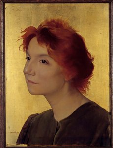 Portrét zpěvačky Yvette Guilbertové (1867-1944). Portrét ženy s červenými vlasy na zlatém pozadí. Obraz Joseph Granie (1861-1915) 1895 Ne. 0,41x0,31 m Paříž, musee d
