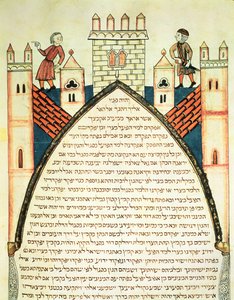 Vyhlídka dává alarm, ilustrace z židovské Cervera Bible, 1299