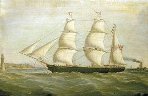 Plachetnice "Queen Bee" (postavená v roce 1852) s majákem na jedné straně postaveným z domů. Olejomalba