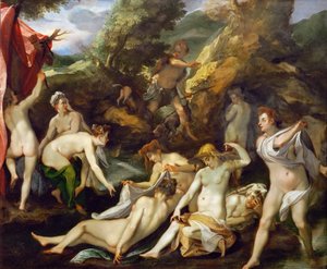 Baroko: Diane et Acteon - Diana a Actaeon par Heintz, Joseph, starší (1564-1609), cca 1595. Olej na mědi, 40x49. Uměleckohistorické muzeum, Vienne