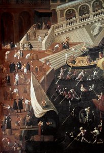 Regate na Ponte di Rialto v Benátkách, detail doků (Malba