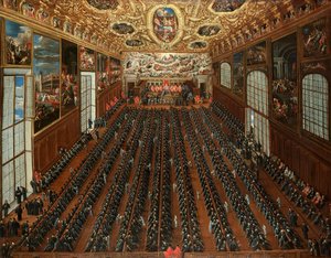 Interiér Sala Maggior Consiglio, Dóžecí palác v Benátkách, s patriciji hlasujícími v bulletinu pro volbu nových magistrátních úředníků.