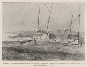 Marconiho bezdrátová telegrafní stanice v Mullion, Cornwall, zničená vichřicí dne 17. od Joseph Holland Tringham