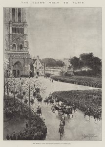 Návštěva cara v Paříži, císařský doprovod opouští katedrálu Notre Dame