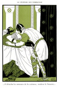 Legenda o Nibelungovi: Siegfried objímá Walkyrie Brunnhilde (chromolitograf) od Joseph Kuhn Regnier