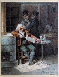 Reading of the Gazette““: starý muž spal v kavárně a četl noviny „The Gazette““ v roce 1824. Litografie Joseph Louis Hippolyte Bellange (1800-1866) 1824 Paříž, Musee Carnavalet