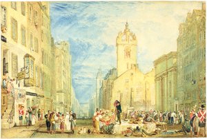 High Street, Edinburgh, cca 1818 (akvarel, pero, inkoust, grafit a škrábání na tkaný papír) od Joseph Mallord William Turner