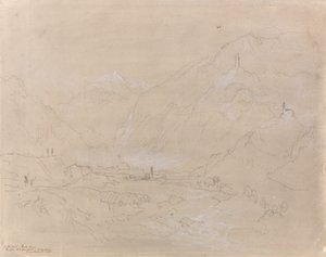 Horská krajina s městem v údolí, kolem roku 1840 (grafit a šedá barva na papíře) od Joseph Mallord William Turner