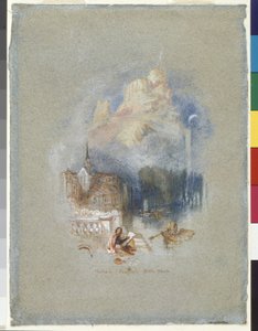 Rodný dům Nicholase Poussina (akvarel a kvaš zpevněné červeným inkoustem na modrém papíře) od Joseph Mallord William Turner