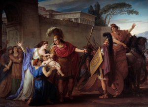 Hector a Andromaque na rozloučenou. Odchod do trojské války Hector opouští svou ženu a syna Astyanaxe. Obraz Joseph Marie Vien (1716-1809) 1786 Ne. 3,29 x 4,25 m