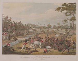 Rangoon: The Storming of one of Principal Stockades on 8. července 1824, deska 15 z „Rangoon Views“, vyryla George Hunt, 1825 (akvatinta)