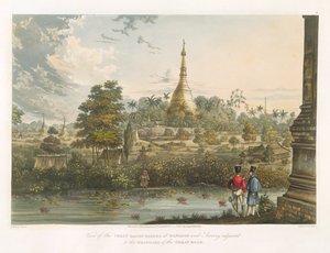 Pohled na pagodu Great Dagon v Rangúnu od západu, vyrytý Henry Pyall (1795-1833) 1825-26