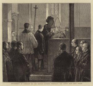 Pohřeb Napoleona III., císařovna Eugenie kropí rakev svěcenou vodou